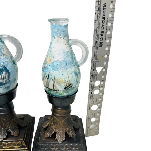 Upcycled Mid-Century Glass and Brass Candle Holders, Hand Painted & Decoupaged - Picture 4 of 16